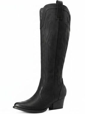 Women,s All Black Faux leather Cowgirl Knee High Boots with Side Zipper